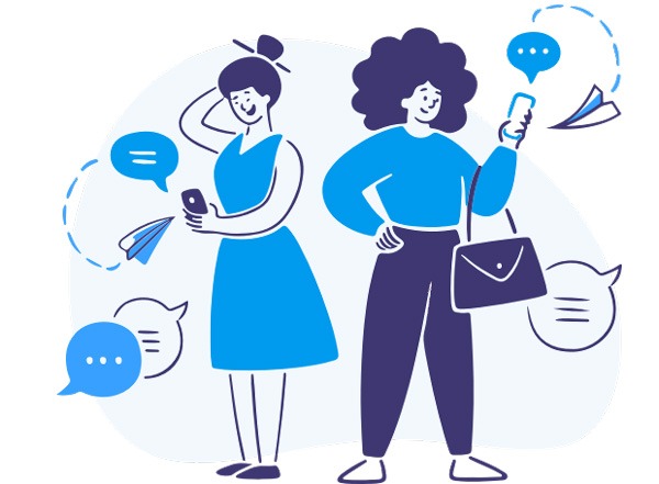 Two women using smartphones and exchanging chat messages.