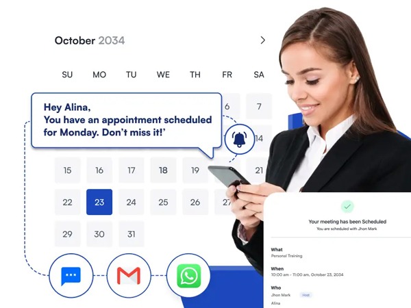 Woman checking her phone with an appointment reminder on a calendar.
