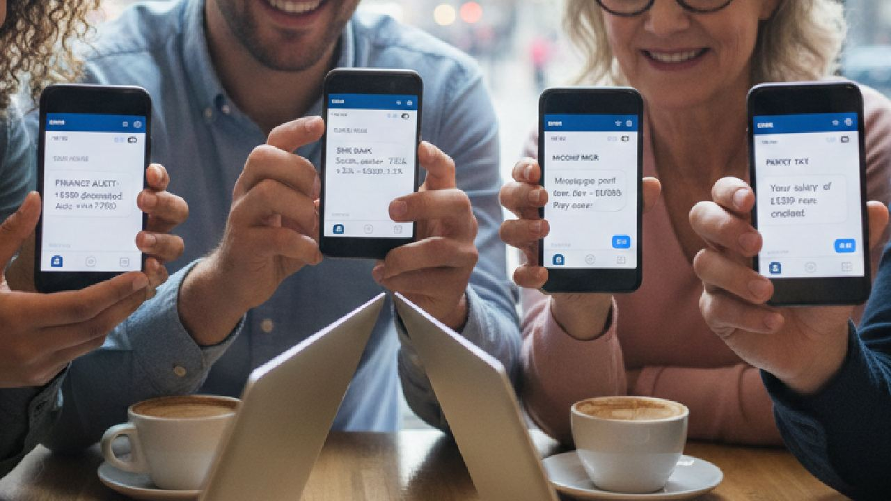 Group of people holding smartphones displaying different SMS notifications at a café.