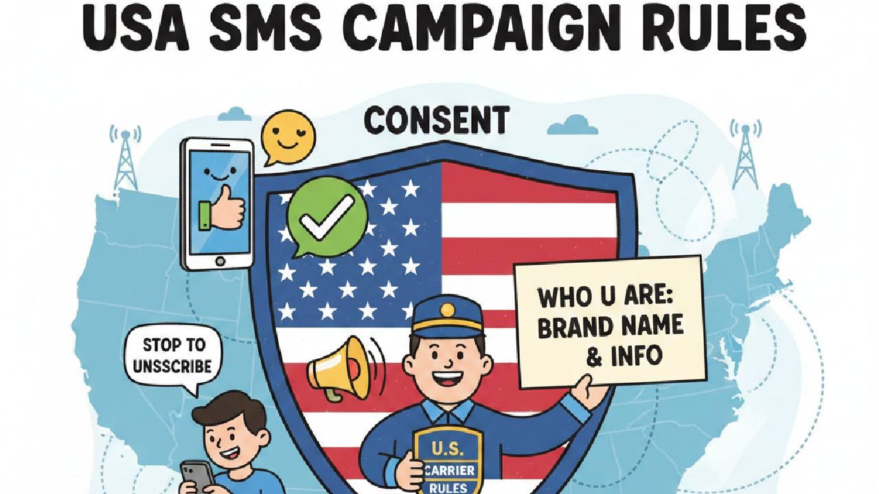 Illustration explaining U.S. SMS campaign rules, including consent, brand identification, and opt-out requirements.