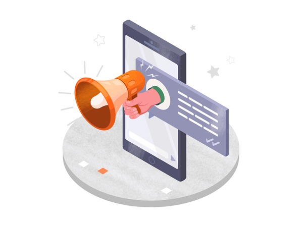 Illustration of a hand holding a megaphone emerging from a smartphone, symbolizing digital marketing or online announcements.