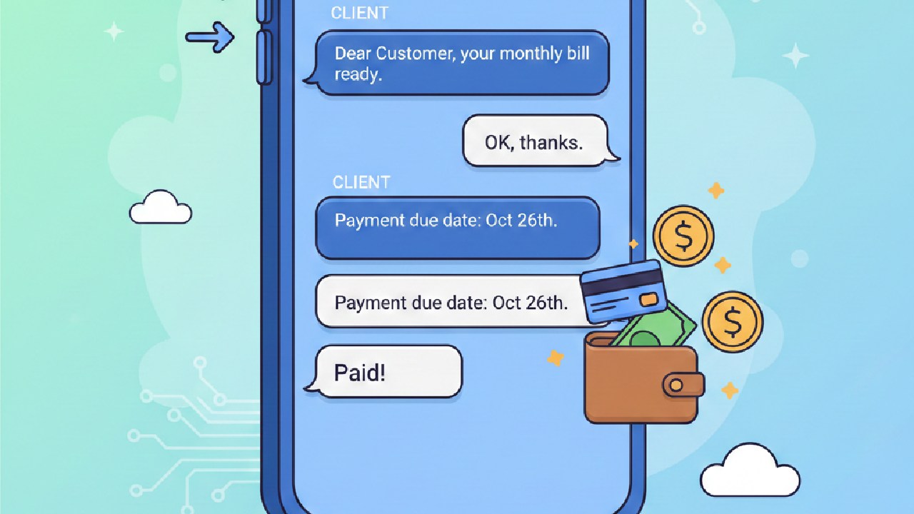 Illustration of an SMS billing reminder conversation showing payment due date and successful payment.