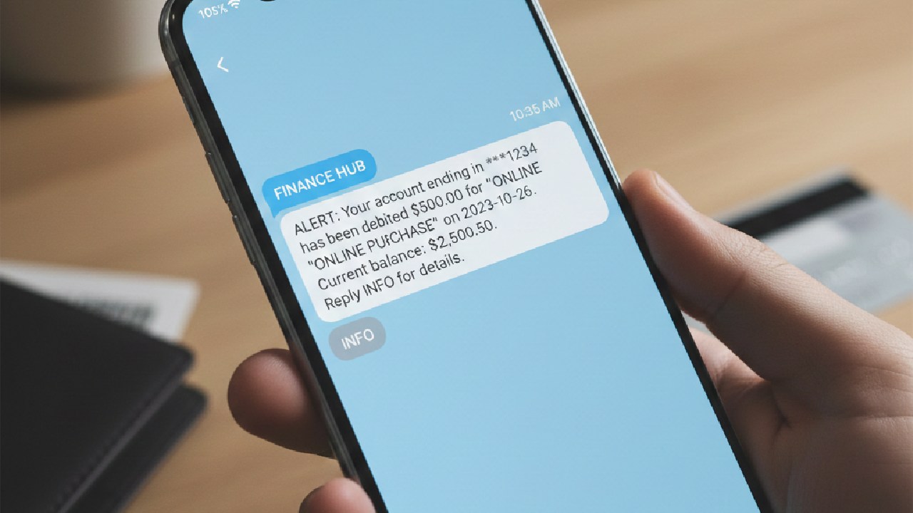 Smartphone displaying a bank SMS alert about an online purchase and account balance.