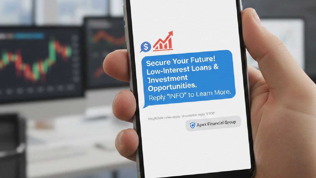 Smartphone showing a financial SMS promotion about loans and investment opportunities.