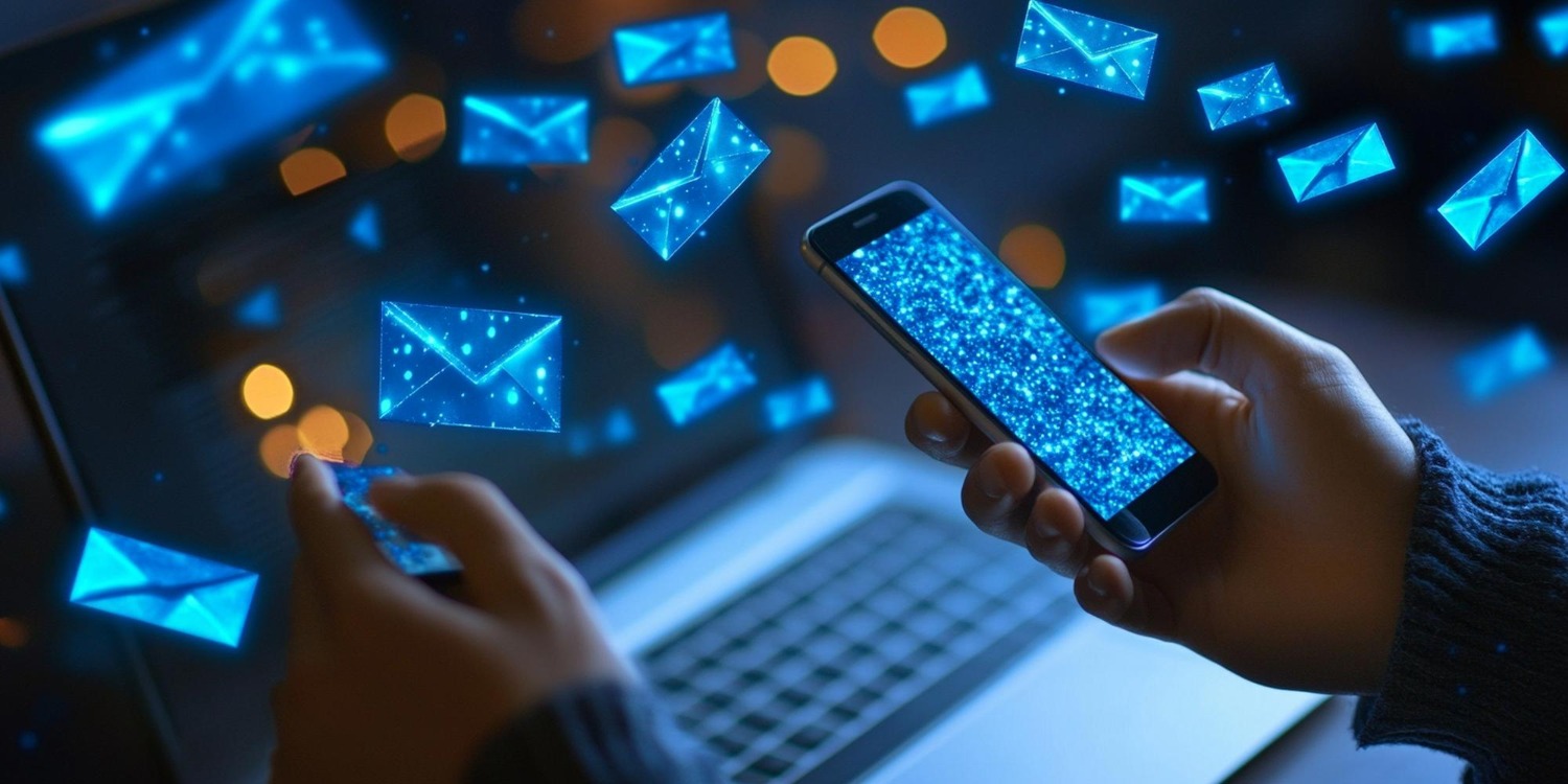 Smartphone and laptop displaying digital email icons, representing email marketing and online communication technology.