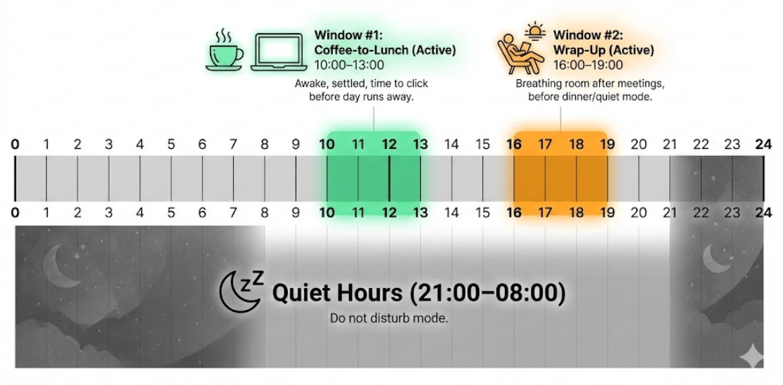 SMS marketing send time chart showing two recommended windows.
