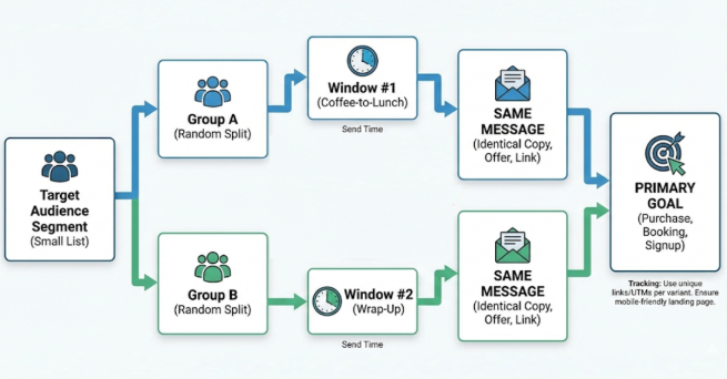 SMS timing A/B test diagram showing two groups receiving the same message at different send time windows to compare performance.
