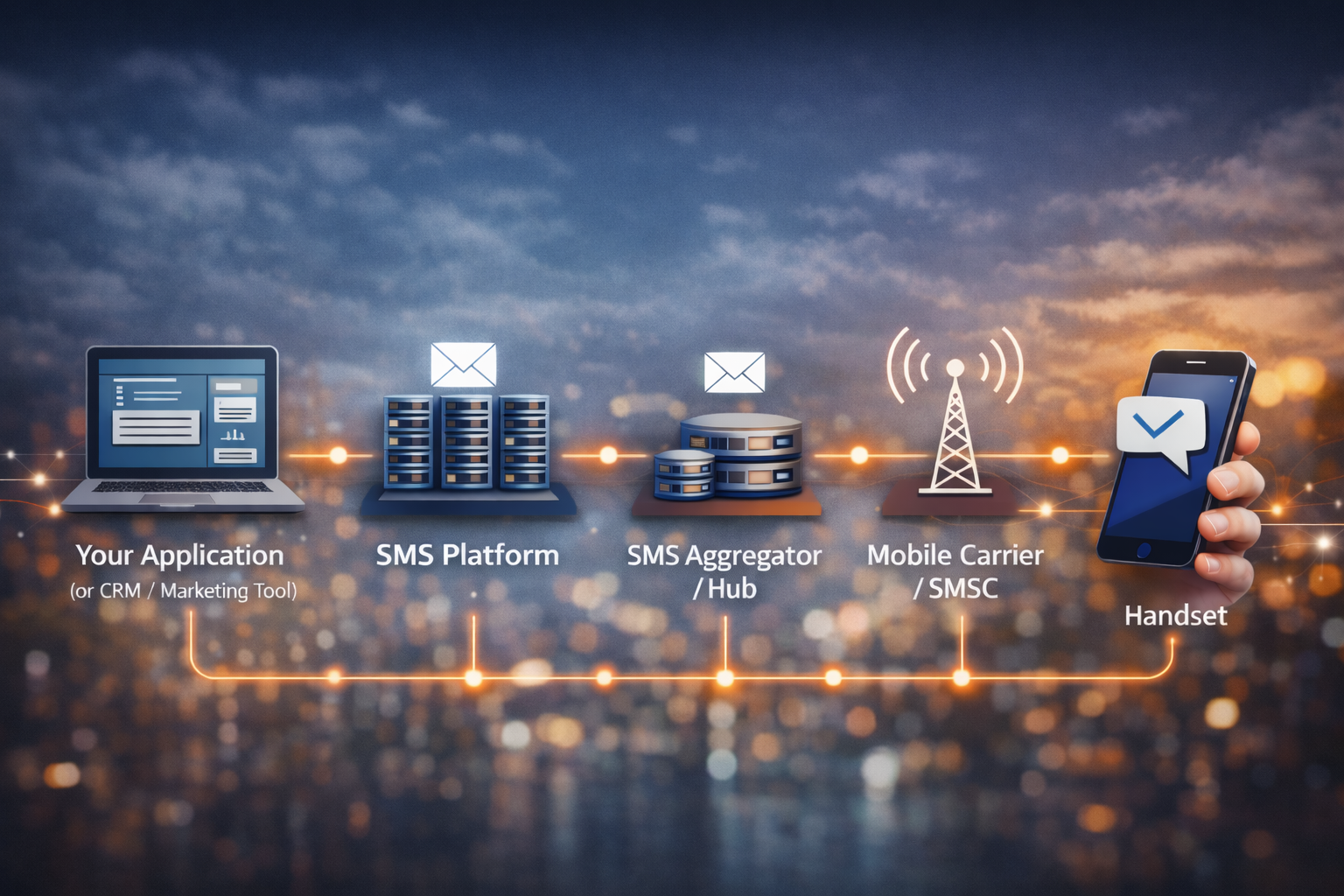 A conceptual infographic illustrating how enterprise applications connect to mobile handsets through a series of server hubs and carrier networks, set against a blurred city night background with glowing data points.