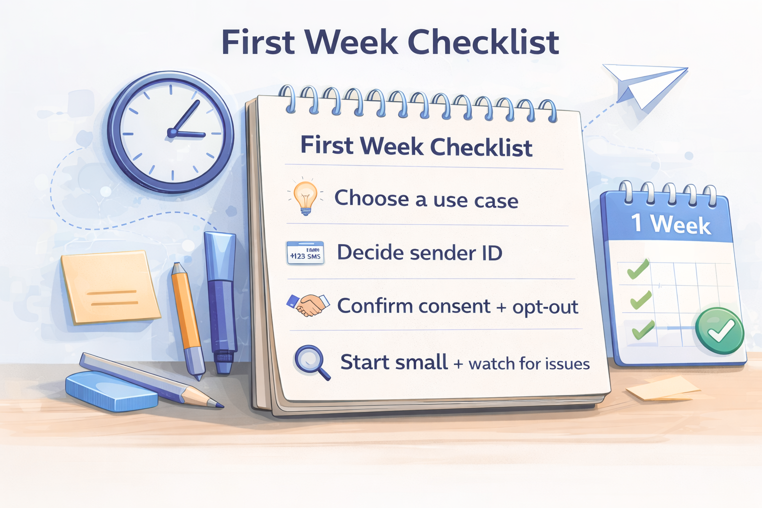 Illustration of a first-week checklist for launching an SMS program, including use case, sender ID, consent, and testing steps.