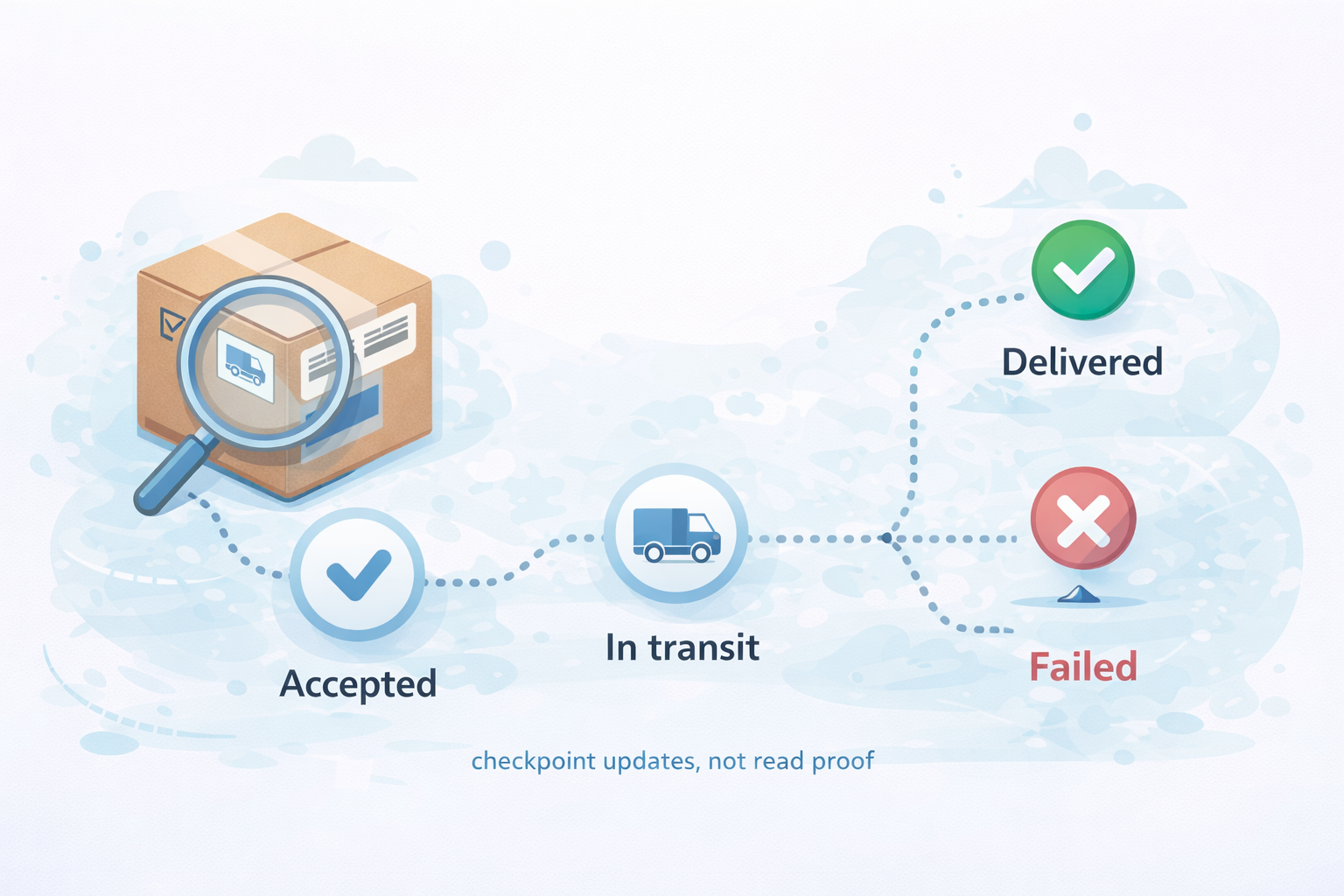 Illustration showing message delivery status flow from accepted to in transit, delivered, or failed.