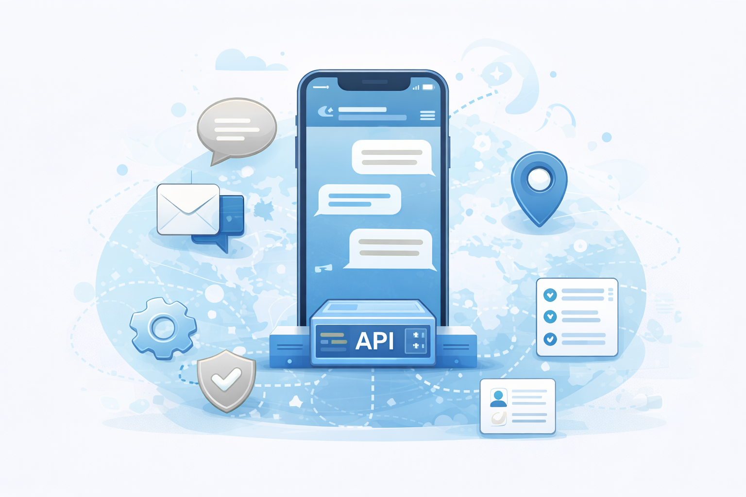 Illustration of a smartphone API enabling messaging, notifications, and secure data integration.