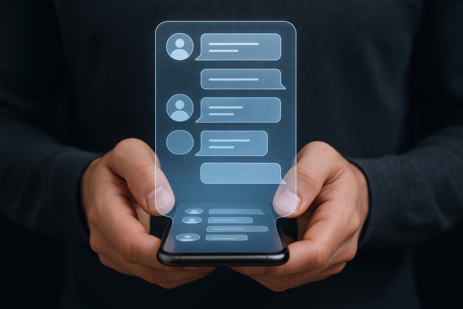 Hands holding a smartphone with a transparent chat interface showing multiple message bubbles.