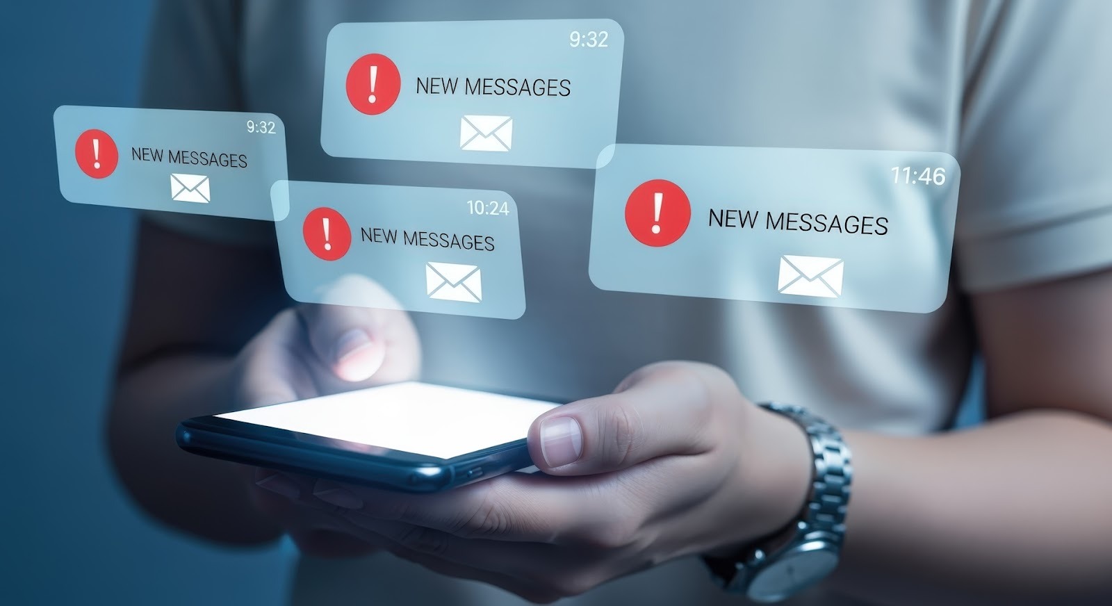 Person holding a smartphone with multiple new message notifications appearing on screen.