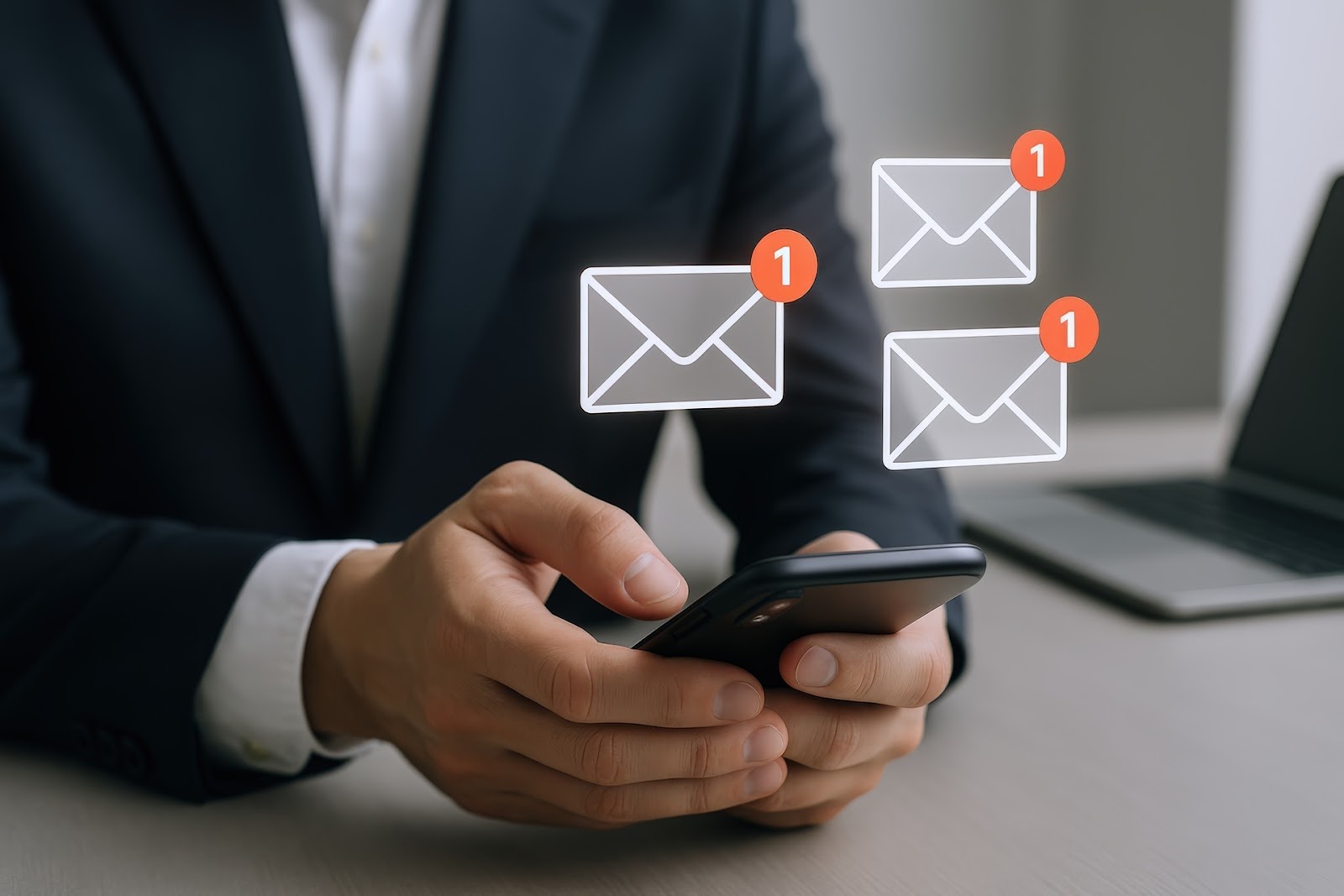 Business professional checking SMS notifications on a mobile device
