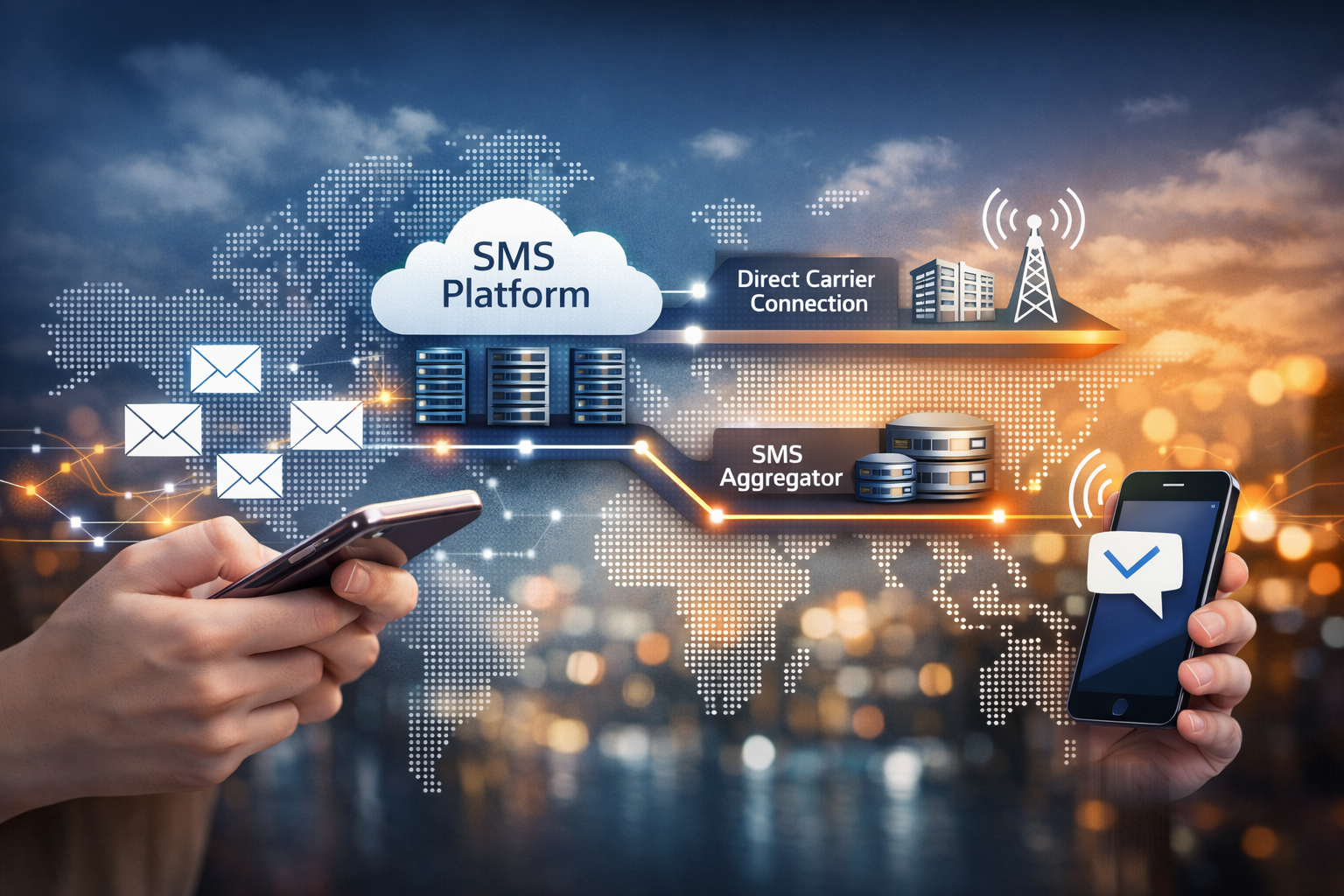 Digital illustration of a mobile messaging ecosystem showing how an SMS platform connects to carriers and aggregators to send texts to global mobile devices.