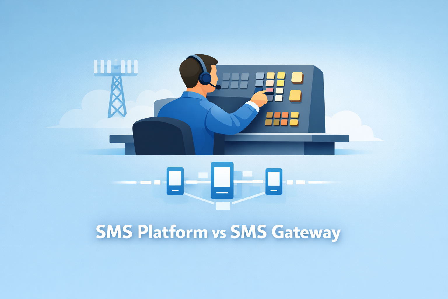 A clean, flat-style vector illustration depicting a technician with a headset operating a complex control console. Below the character, the text "SMS Platform vs SMS Gateway" is displayed alongside an icon of multiple connected smartphones, symbolizing the management and routing of mobile data.