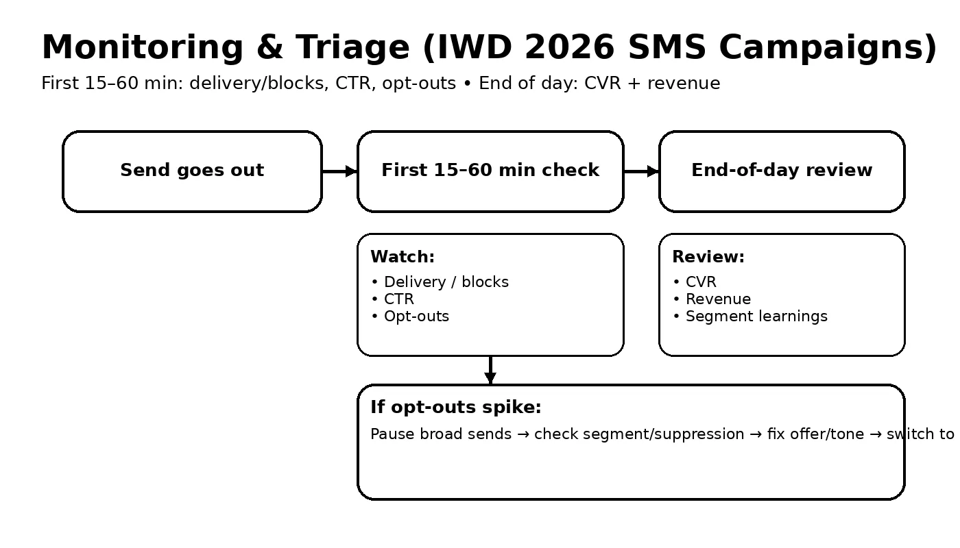 Flow diagram for monitoring and triage in IWD 2026 SMS campaigns: after sending, check delivery/blocks, CTR, and opt-outs in the first 15–60 minutes; review CVR and revenue end of day; if opt-outs spike, pause broad sends and switch to high-intent only after fixing segmentation and offer/tone.