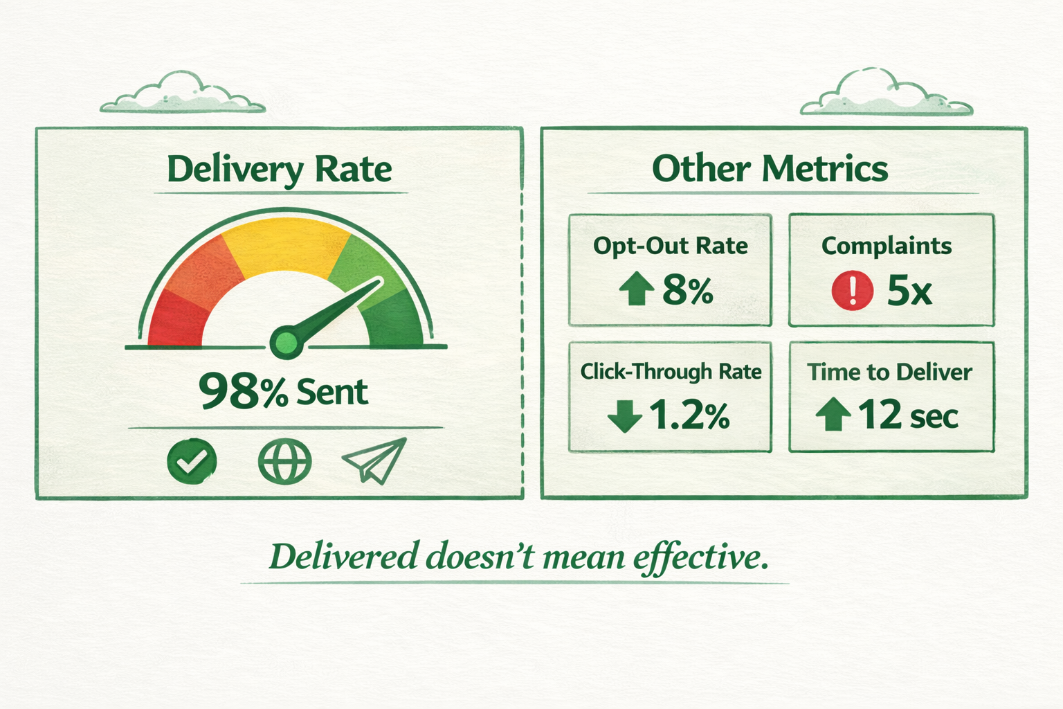 Dashboard-style graphic comparing a 98% delivery rate with other messaging metrics like opt-out rate, complaints, click-through rate, and time to deliver.