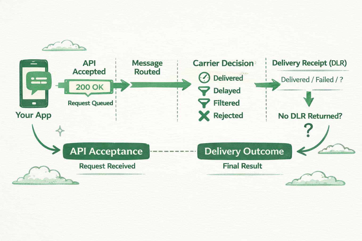 Flowchart showing message delivery stages from API acceptance and routing to carrier decision and final delivery receipt outcome.