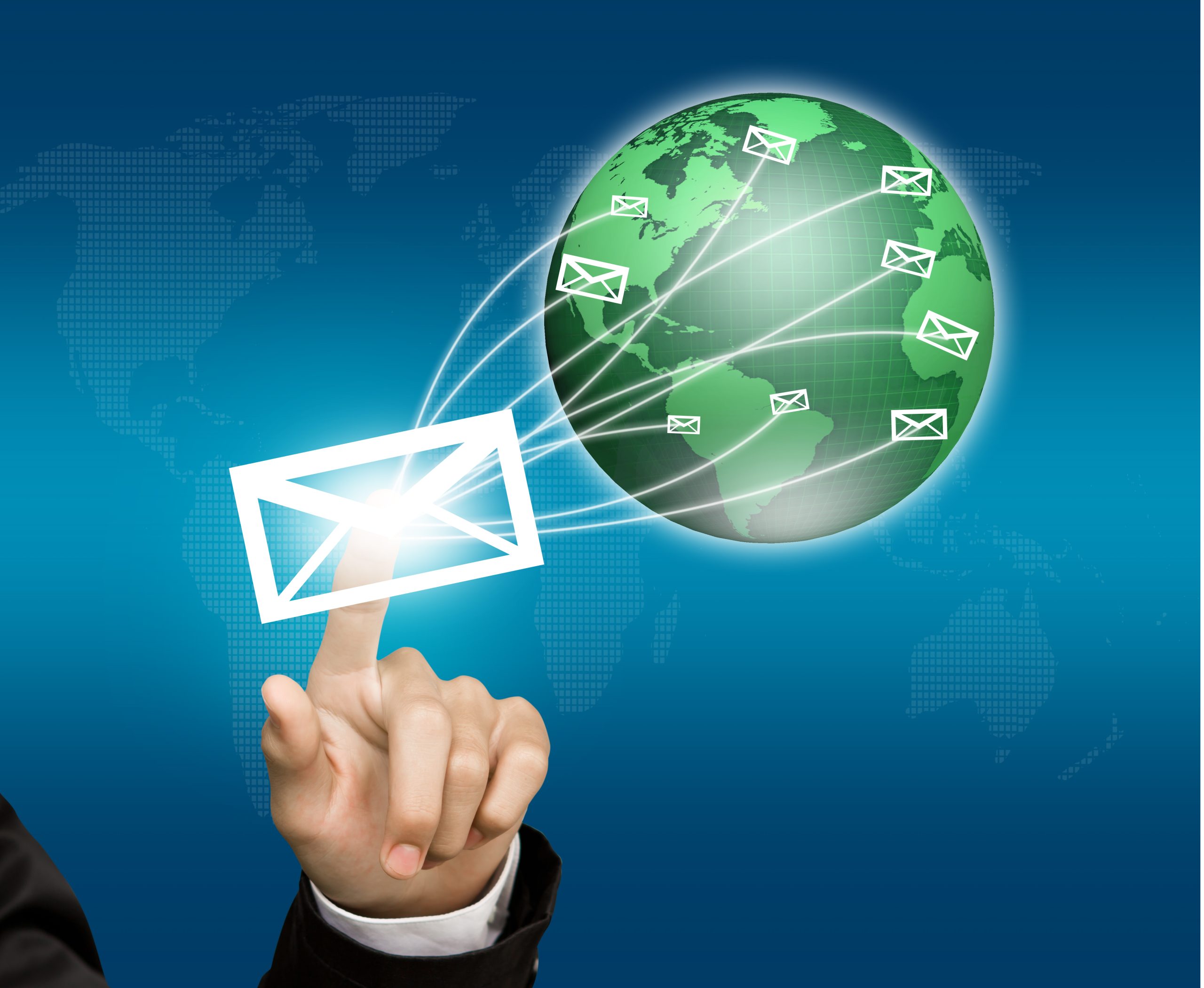 Global messaging network illustration showing email or SMS messages being sent worldwide