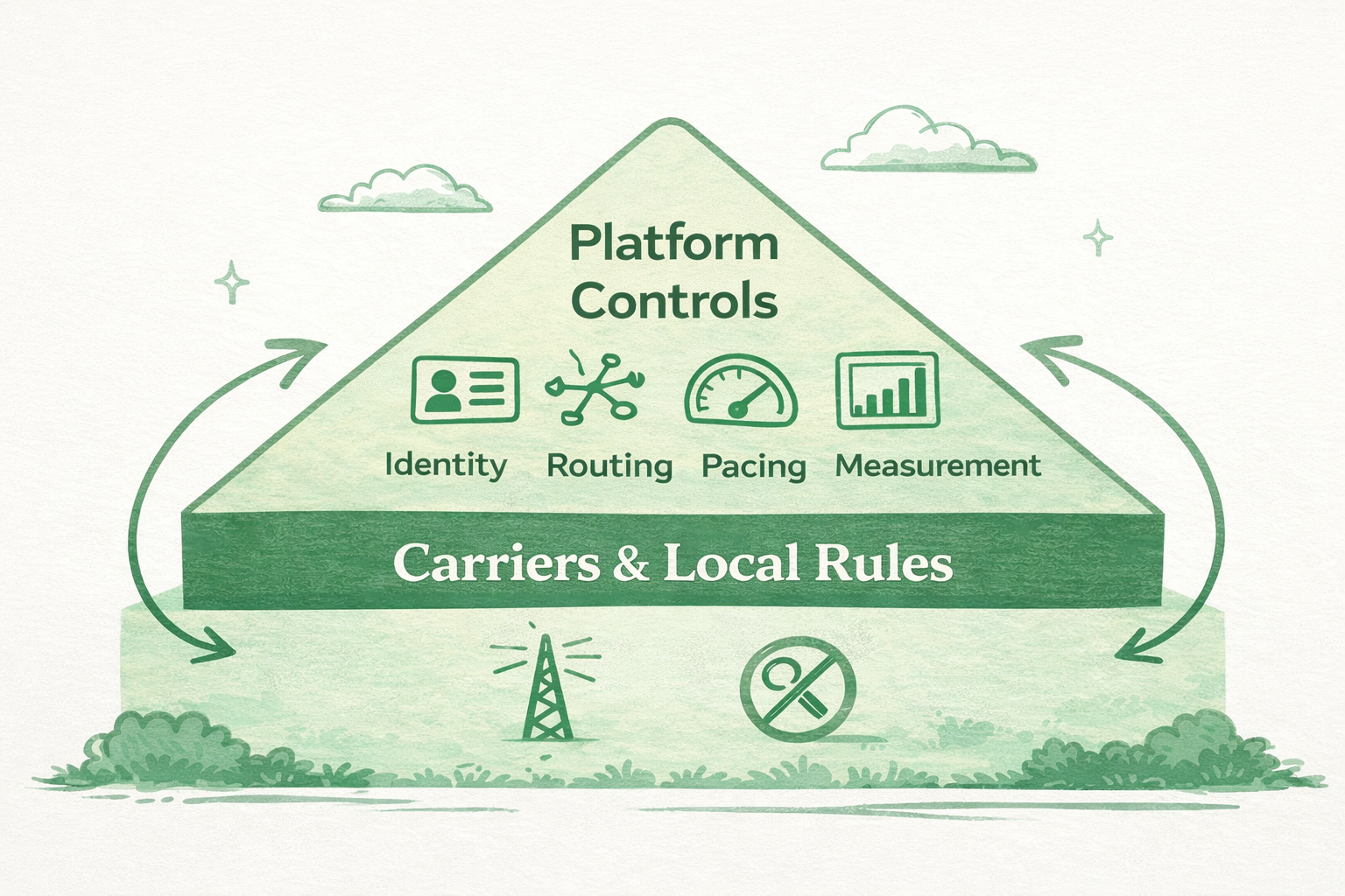 Illustrated showing platform controls—identity, routing, pacing, and measurement—built on carriers and local rules.