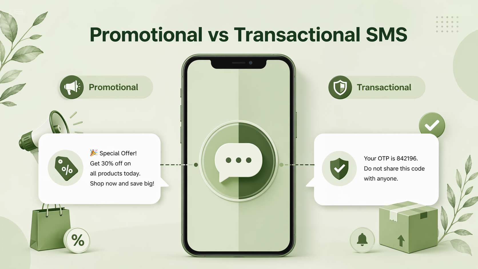 Cover image showing a clean visual comparison between Promotional SMS and Transactional SMS, with a central decision-focused layout that highlights marketing-driven messages on one side and service-driven messages on the other, matching the article’s main topic.