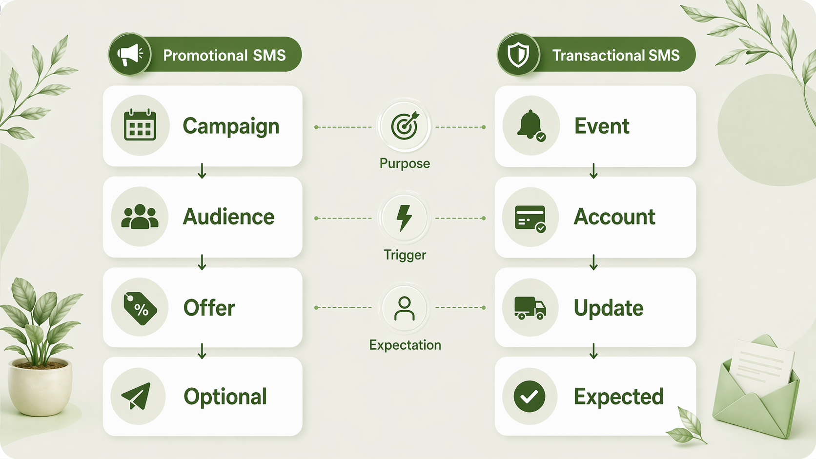 Side-by-side infographic comparing Promotional SMS and Transactional SMS across key dimensions such as campaign vs event, audience vs account, offer vs update, and optional vs expected action, supporting the article’s concept and contrast section.