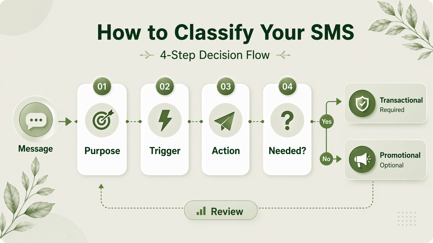 Flowchart-style infographic showing a simple 4-step decision process for classifying an SMS message by purpose, trigger, action, and necessity, then routing it to either transactional or promotional, illustrating the article’s pre-send decision method.