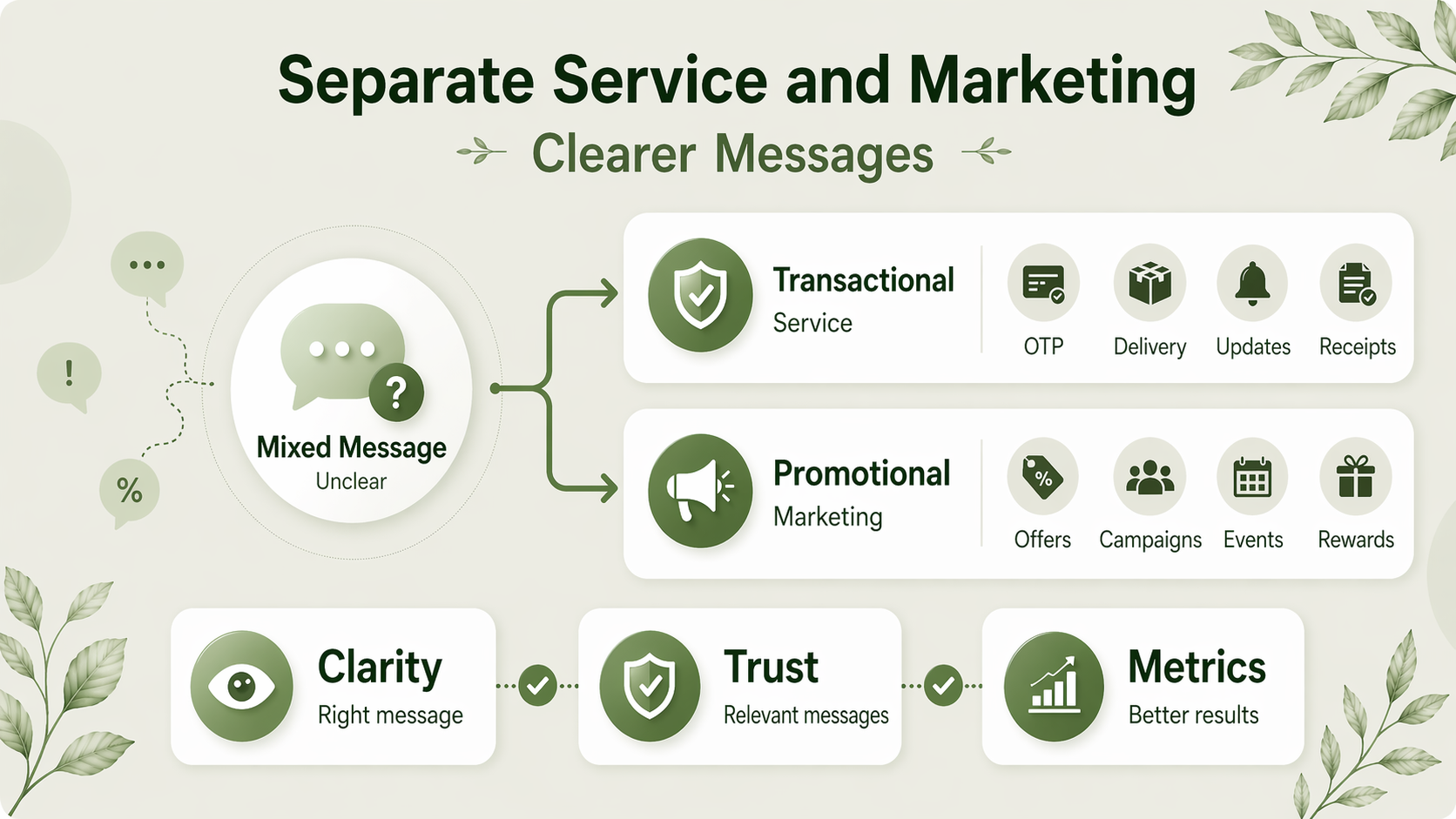 Summary infographic showing a mixed message being separated into transactional service messaging and promotional marketing messaging, with the outcomes labeled around clarity, trust, and metrics, reinforcing the article’s conclusion about avoiding mixed-purpose SMS.
