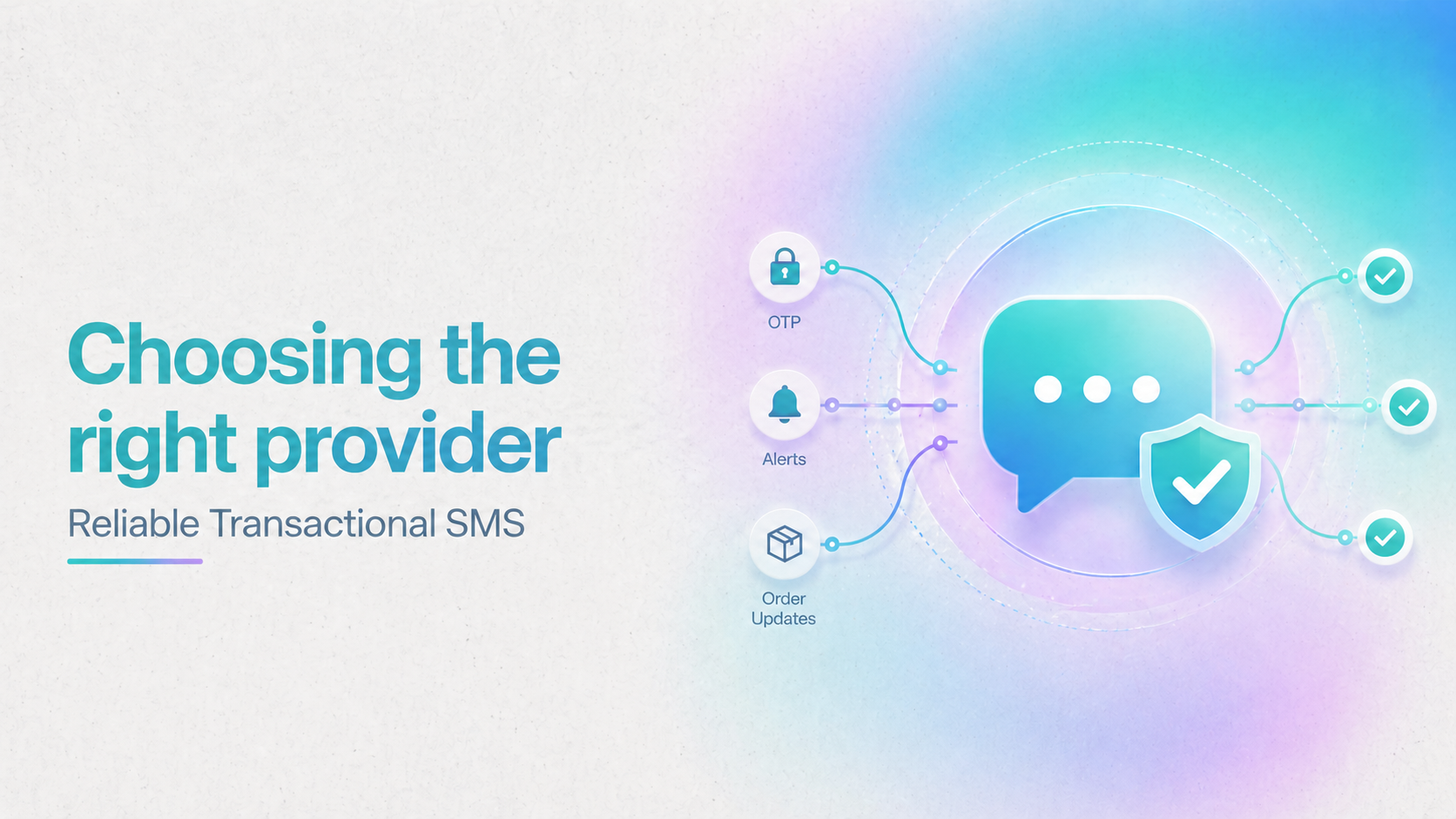 A blog cover illustration showing a secure SMS message hub with OTP, alerts, and order update signals flowing toward verified delivery, introducing how to choose the right provider for reliable transactional SMS.