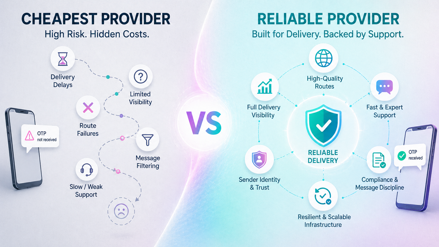 A comparison graphic contrasting the cheapest SMS provider with a reliable provider, showing delivery delays, route failures, limited visibility, and weak support on one side, and reliable delivery, route quality, visibility, trust, compliance, and expert support on the other.
