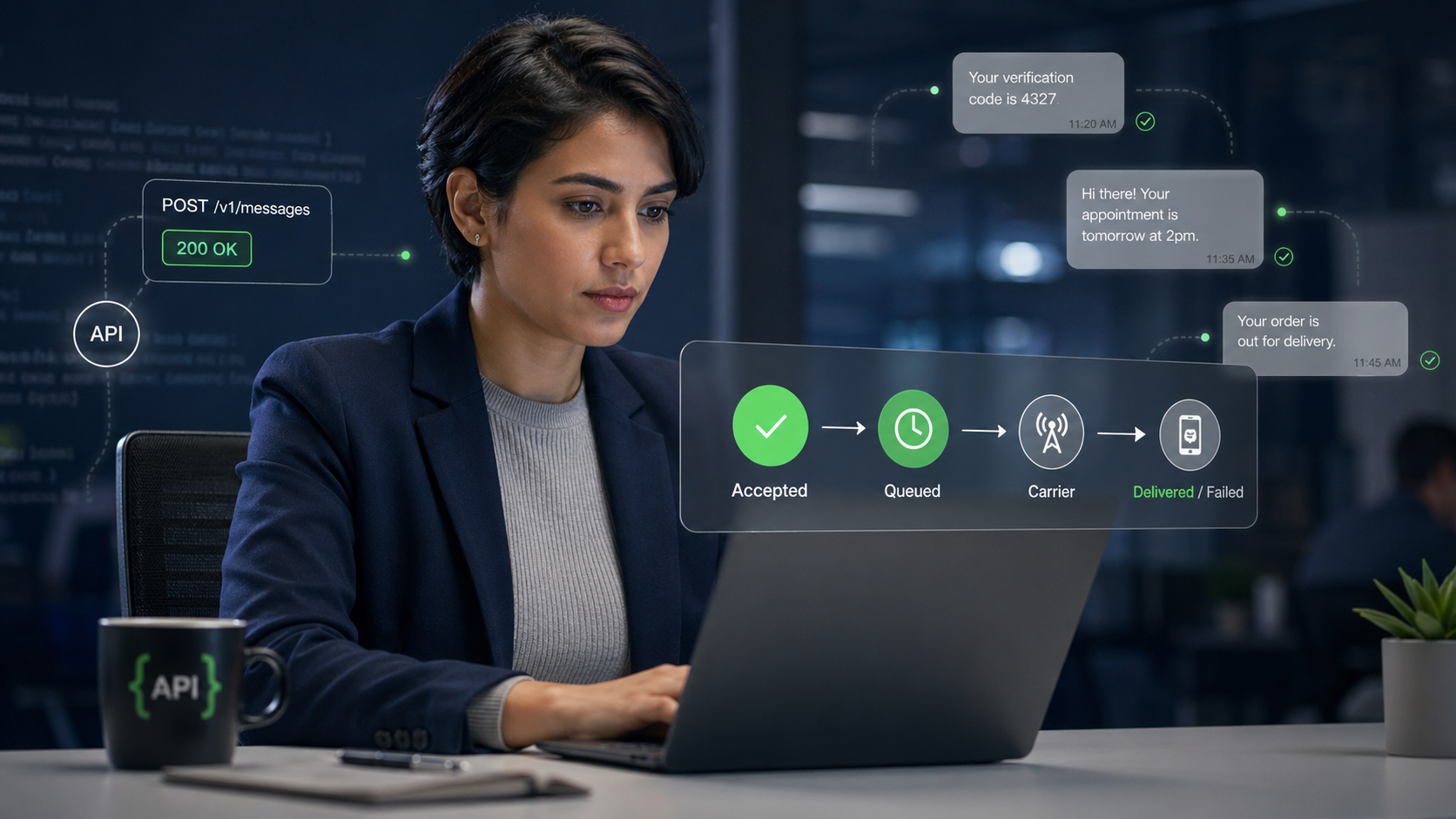 Technical operations manager reviewing a laptop with a simple SMS delivery path showing Accepted, Queued, Carrier, and Delivered or Failed statuses, illustrating that an API request success does not equal final message delivery.