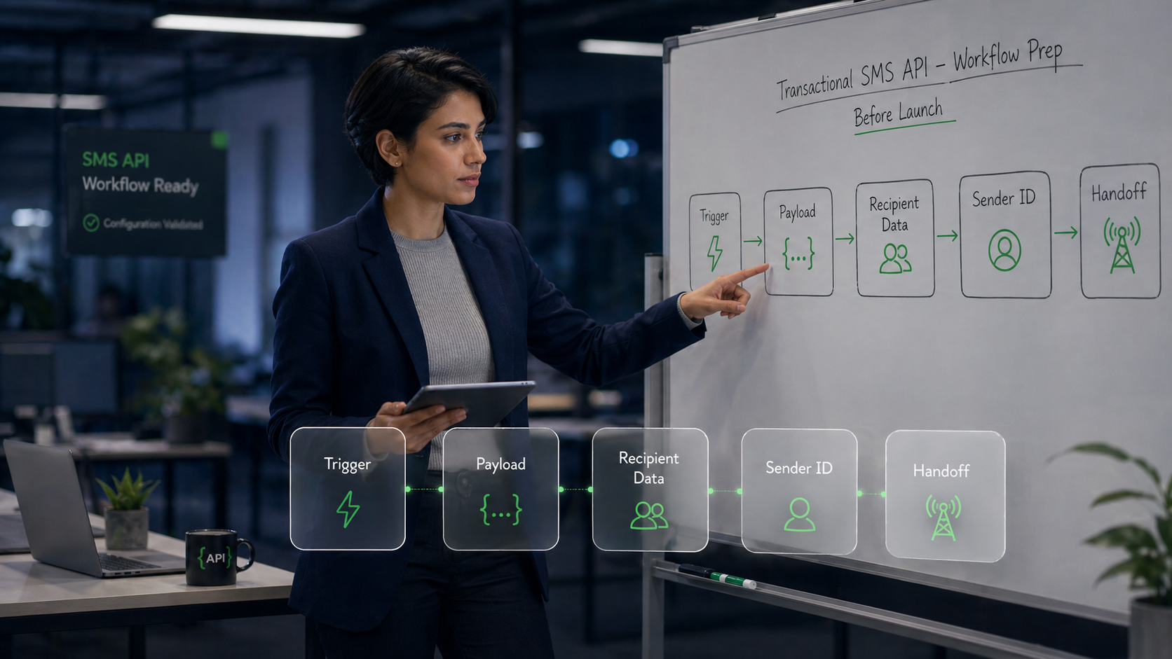 Technical operations manager standing beside a whiteboard and tablet, reviewing a transactional SMS API workflow from Trigger and Payload to Recipient Data, Sender ID, and Carrier Handoff before launch.