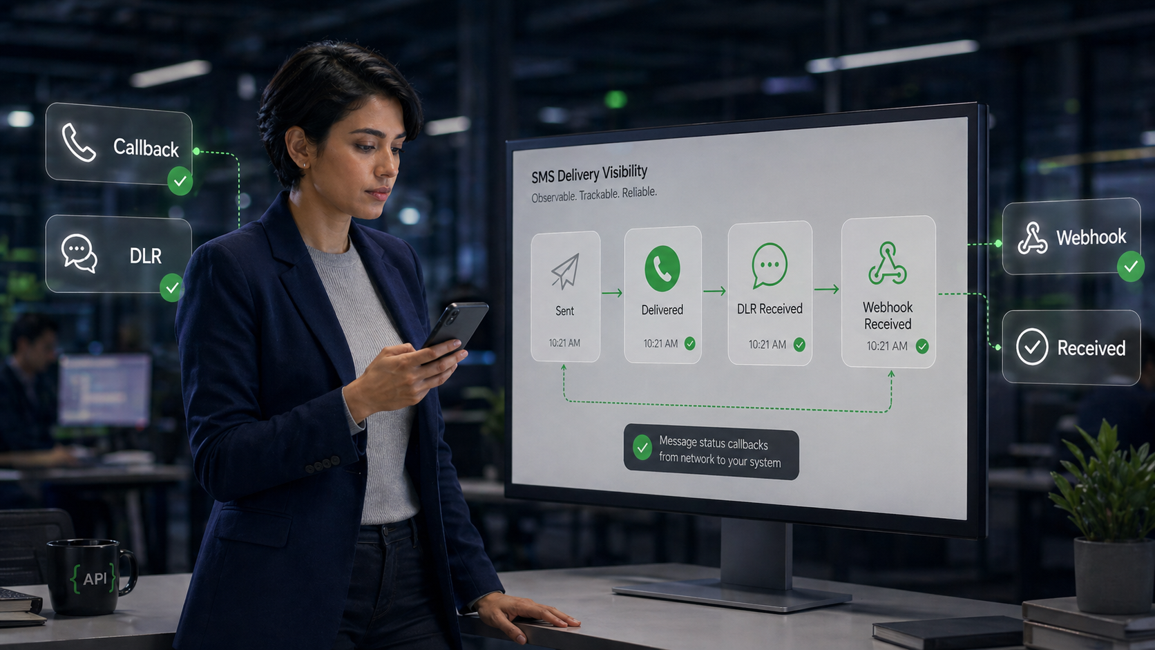 Technical operations manager checking a monitoring screen and mobile phone with Callback, DLR, Webhook, and Received status cards, showing how SMS API delivery events become trackable after sending.