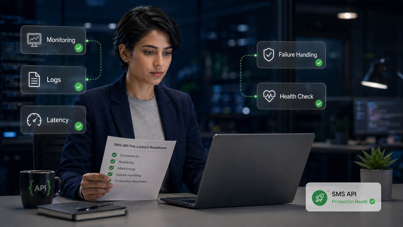 Technical operations manager reviewing a laptop and pre-launch checklist with Monitoring, Logs, Latency, Failure Handling, and Health Check cards marked complete for transactional SMS API production readiness.