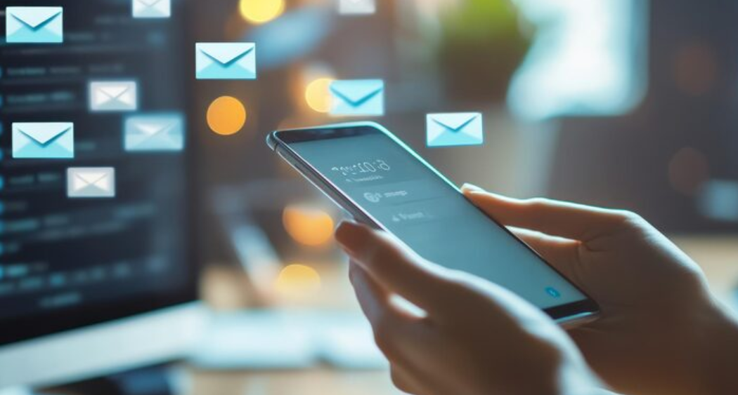 Hands holding a smartphone with floating email icons, representing SMS communication.