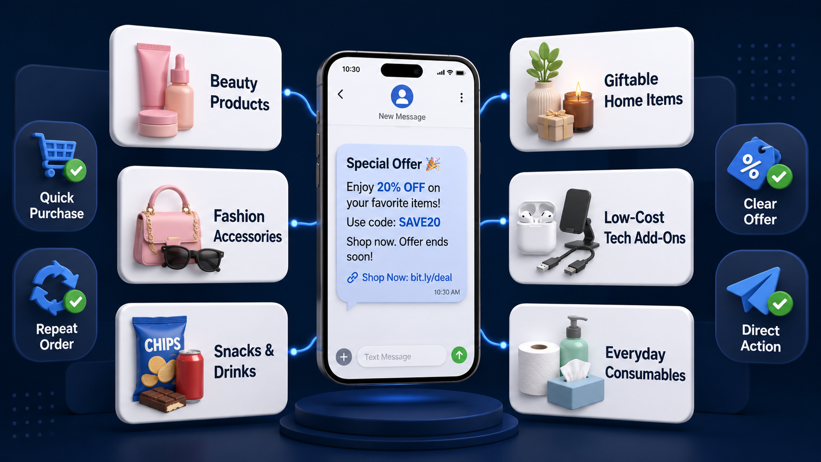 A visual overview of product categories that work well with SMS marketing, including beauty, accessories, snacks, home gifts, tech add-ons, and consumables.