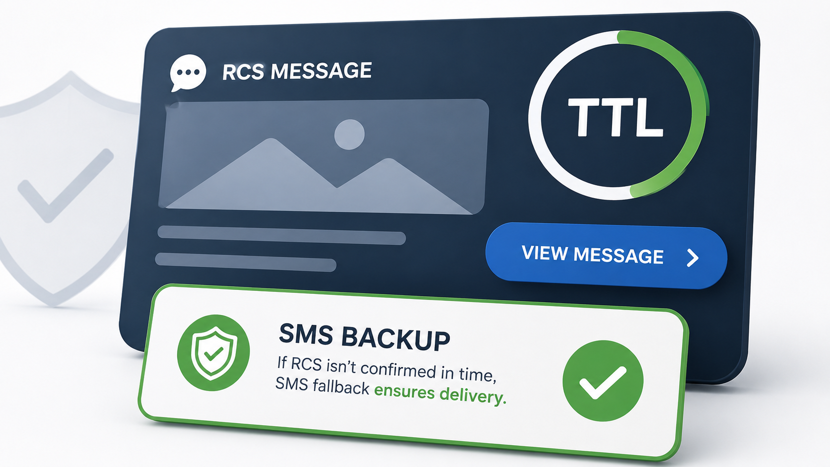 Time-sensitive RCS message fallback showing TTL countdown and SMS backup route protecting reliable reach.