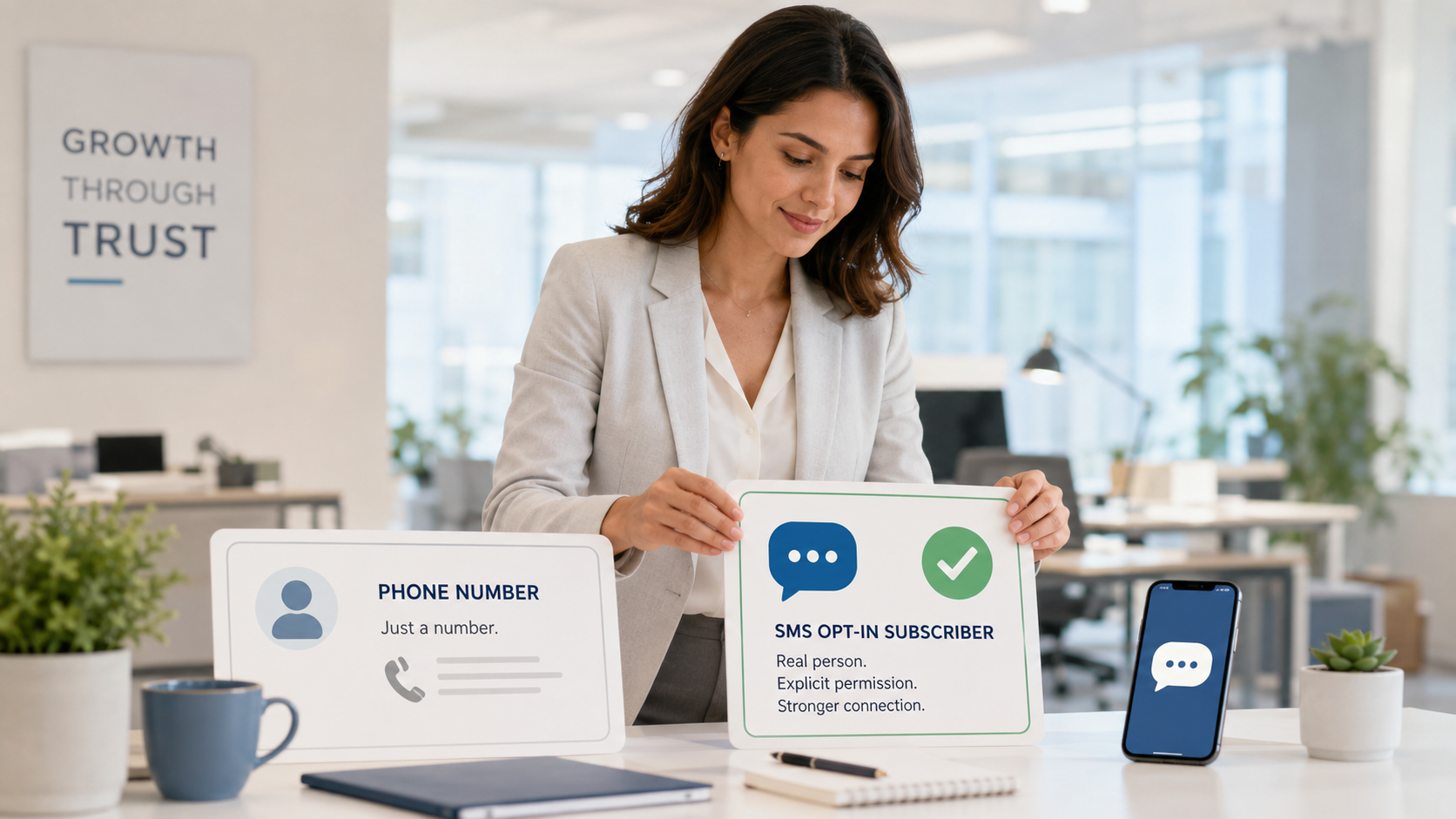 Growth operator comparing phone numbers with permission-based SMS subscriber cards