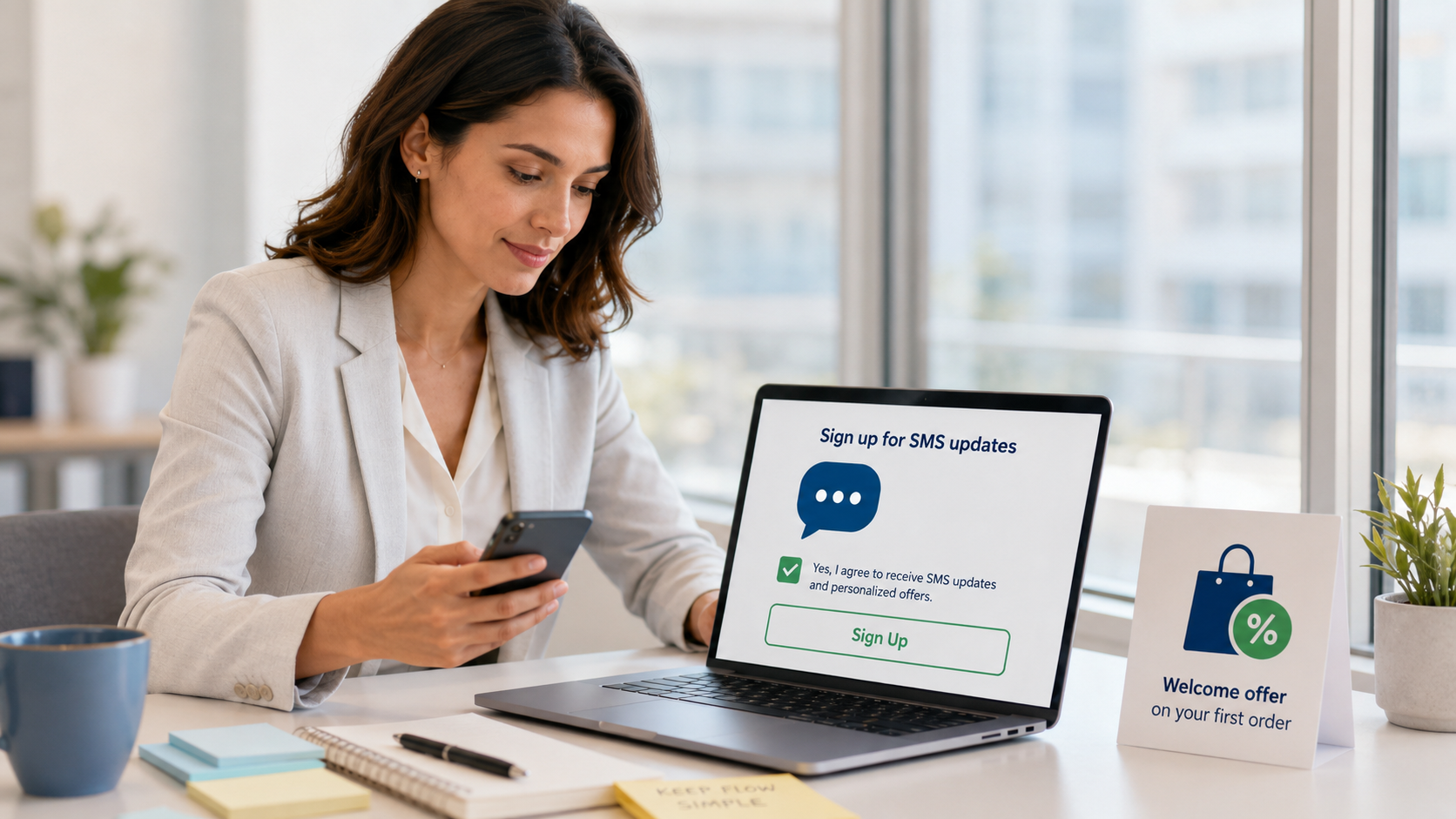 Growth operator reviewing clear SMS opt-in and checkout consent flows