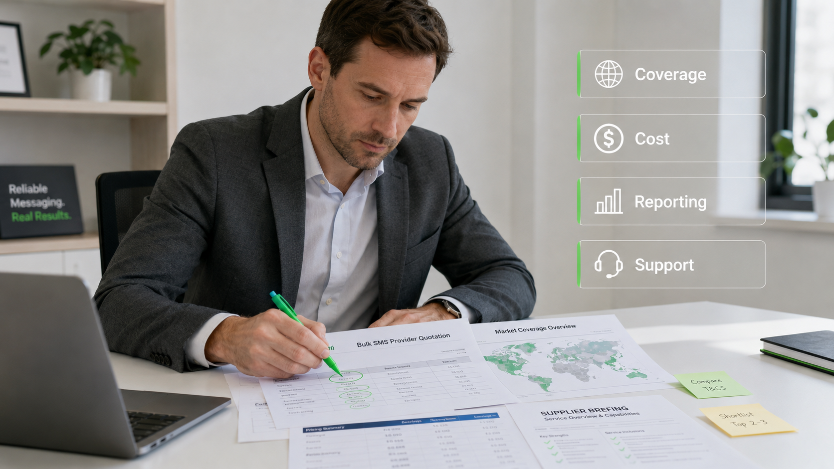 Bulk SMS provider evaluation dashboard comparing price, routing, coverage, and support evidence
