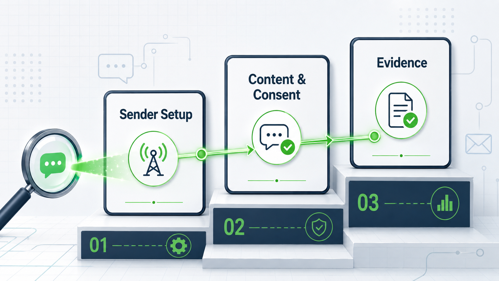 Three-step SMS non-delivery diagnostic flow showing sender setup, content and consent, and evidence review.