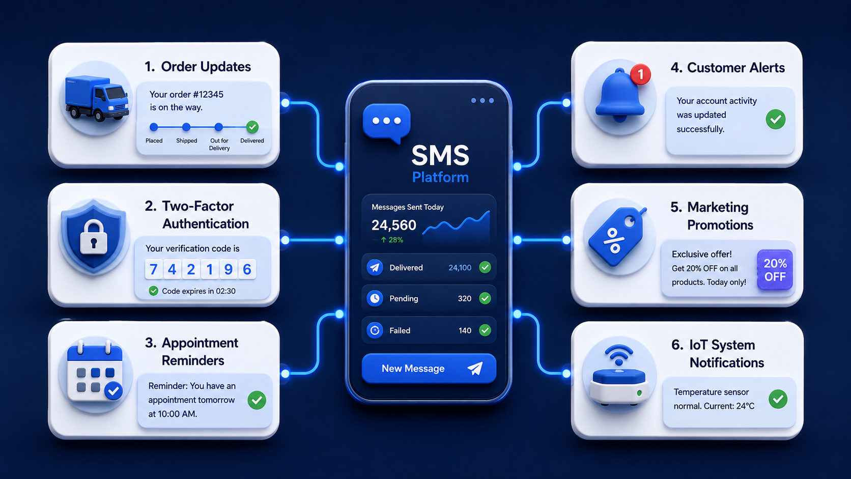 A visual overview of common SMS service use cases, including order updates, 2FA, appointment reminders, alerts, promotions, and automated system notifications.