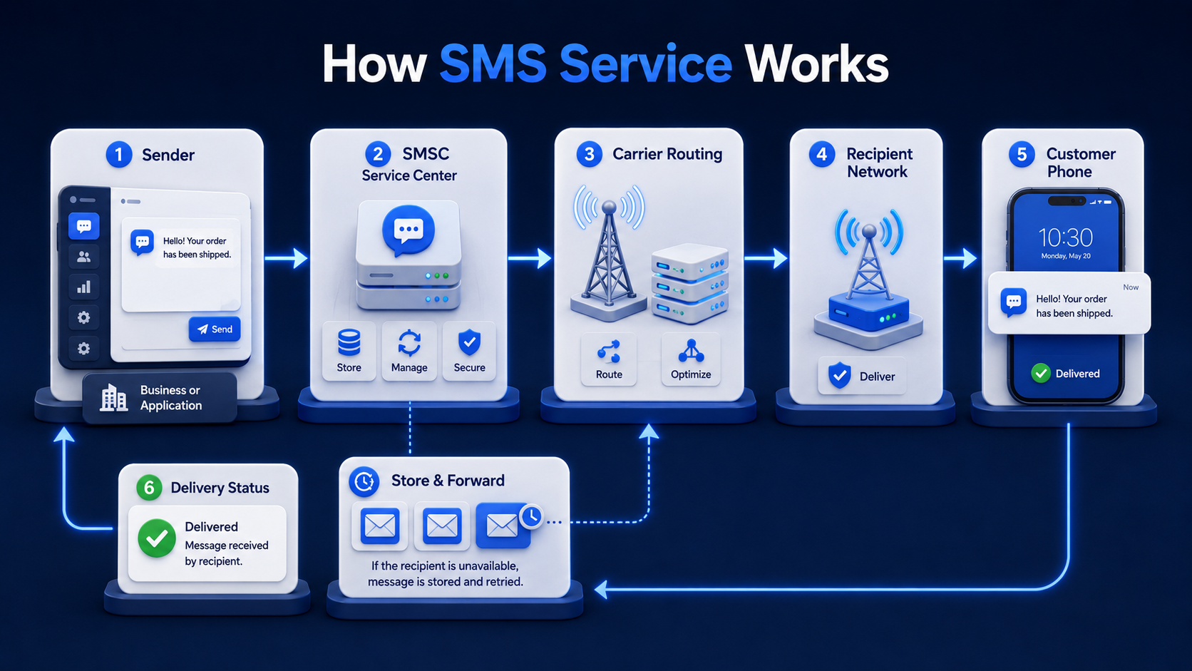 A workflow visual showing how SMS messages move through an SMSC, carrier routing, mobile networks, retry queues, and delivery feedback.