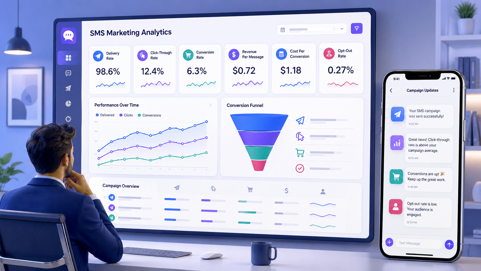 A dashboard-style image showing essential SMS ROI metrics, including delivery rate, CTR, conversion rate, RPM, and opt-out rate.