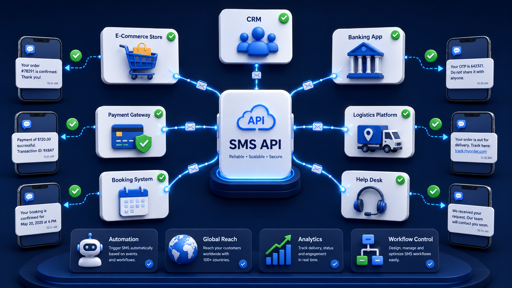A visual showing how an SMS API connects e-commerce, CRM, payment, logistics, booking, and support systems to automated SMS workflows.