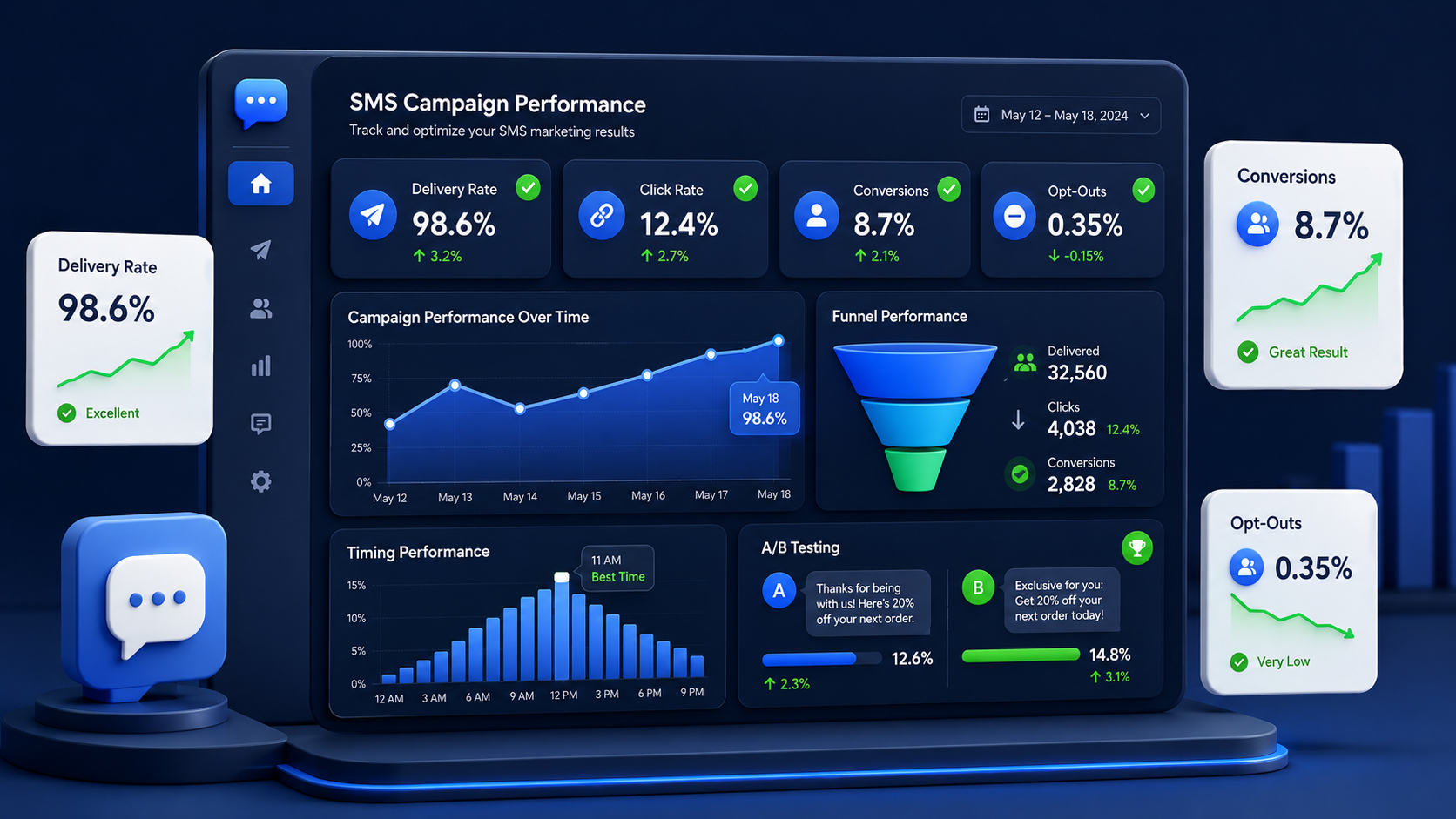 A campaign analytics dashboard showing SMS delivery, clicks, conversions, opt-outs, timing performance, and optimization data.