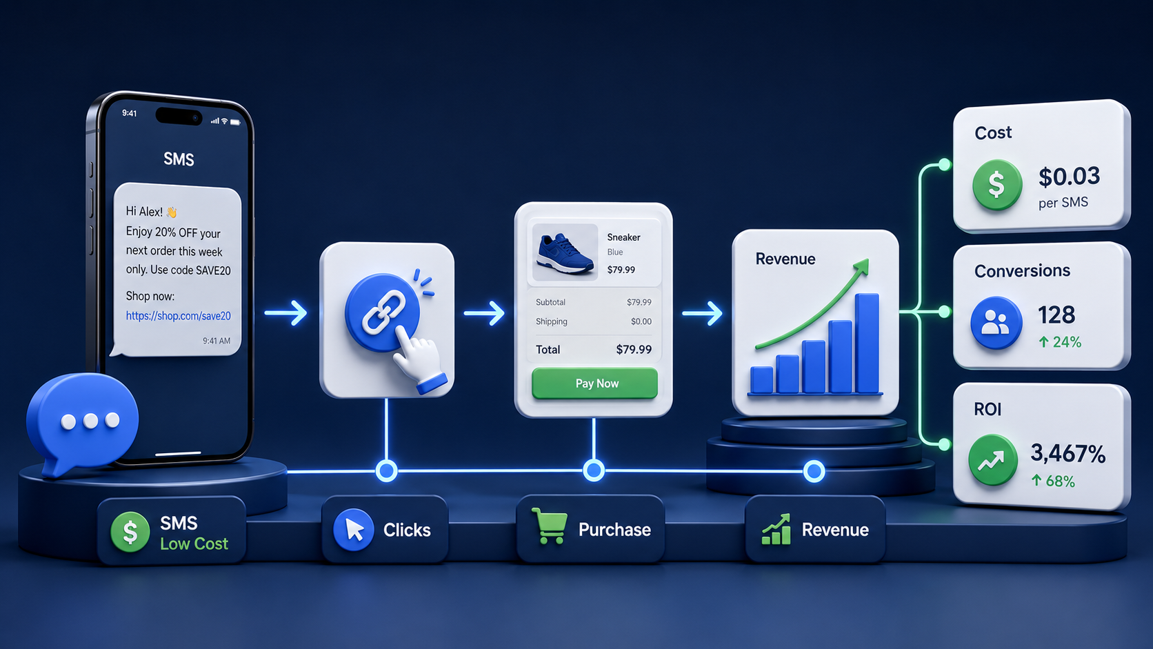 A business visual showing how low-cost SMS campaigns can drive clicks, purchases, conversions, and measurable ROI.