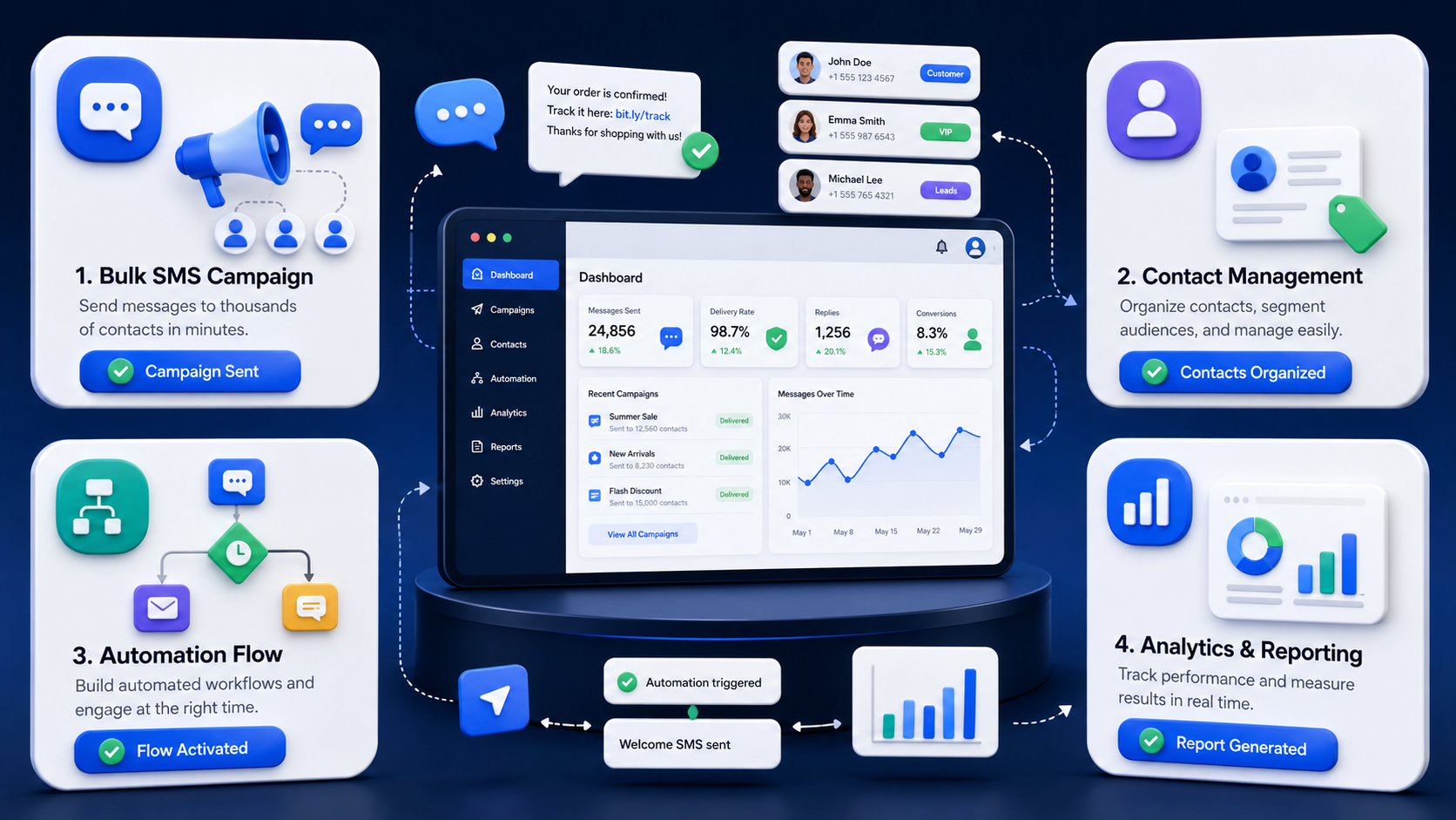 An overview of key SMS marketing software features, including bulk SMS, contact management, automation, and campaign analytics.