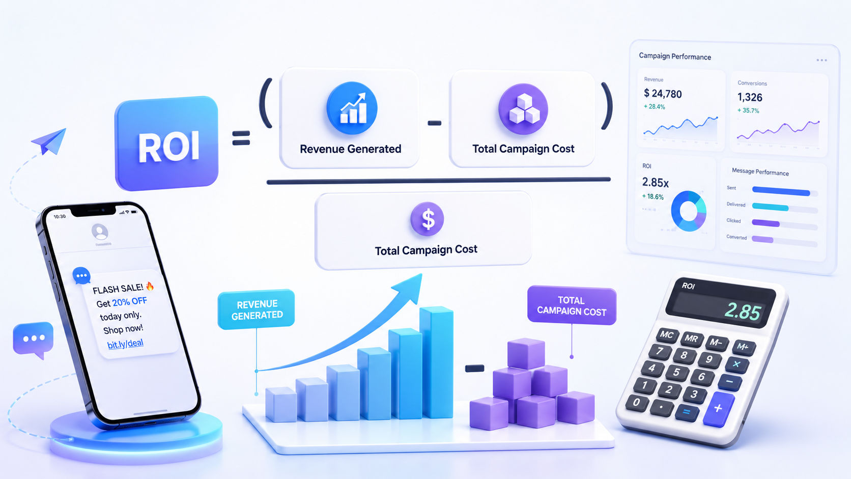 A visual explanation of the SMS marketing ROI formula, showing how revenue and campaign cost determine total return.